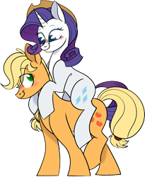 Size: 1352x1649 | Tagged: safe, artist:wolpertinger, derpibooru import, applejack, rarity, earth pony, pony, unicorn, accessory swap, applejack's hat, blushing, clothes, cowboy hat, female, hat, lesbian, looking at each other, looking at someone, ponies riding ponies, rarijack, rarity riding applejack, riding, shipping, simple background, smiling, smiling at each other, transparent background