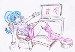 Size: 2863x1979 | Tagged: safe, artist:elgatosabio, derpibooru import, sonata dusk, equestria girls, armchair, breasts, female, high res, partial color, remote, sitting, solo, sonata bust, television, traditional art