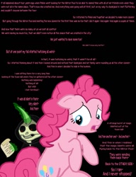 Size: 1042x1358 | Tagged: safe, artist:dendoctor, derpibooru import, pinkie pie, earth pony, pony, comic:clone.., alternate universe, black background, clone, comic, female, glowing, glowing horn, grim reaper, horn, magic, paper, pinkie clone, simple background, telekinesis, text