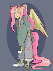 Size: 1193x1600 | Tagged: safe, artist:stevetwisp, derpibooru import, fluttershy, anthro, pegasus, alternate hairstyle, clothes, converse, cute, female, pants, ripped pants, shirt, shoes, shyabetes, solo, swag, torn clothes