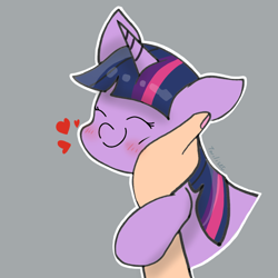 Size: 1200x1200 | Tagged: safe, artist:twiliset, derpibooru import, twilight sparkle, unicorn twilight, human, pony, unicorn, blushing, eyes closed, female, floating heart, flushed face, gray background, hand, hand on cheek, happy, heart, mare, offscreen character, petting, pov, simple background, smiling, touch