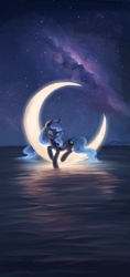 Size: 2211x4668 | Tagged: safe, artist:musical ray, derpibooru import, princess luna, alicorn, pony, crescent moon, galaxy, moon, night, ocean, reflection, sky, stars, tangible heavenly object, transparent moon, water