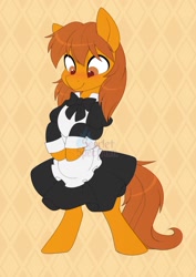 Size: 1010x1427 | Tagged: safe, artist:scarlet-spectrum, derpibooru import, oc, oc only, oc:zip circuit, earth pony, pony, abstract background, bipedal, blushing, clothes, crossdressing, earth pony oc, maid, male, smiling, stallion, watermark