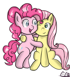 Size: 900x1000 | Tagged: safe, artist:freefraq, derpibooru import, fluttershy, pinkie pie, earth pony, pegasus, pony, duo, female, hug, one eye closed, open mouth, simple background, smiling, transparent background