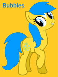 Size: 1219x1614 | Tagged: safe, artist:jigglewiggleinthepigglywiggle, derpibooru import, bubbles (g1), earth pony, pony, g1, g4, adorabubbles, blue eyes, blue hair, blue mane, blue tail, blue text, coat markings, cute, female, full body, g1 to g4, generation leap, mare, raised hoof, raised leg, simple background, straight hair, straight mane, straight tail, tail, talking, text, yellow background