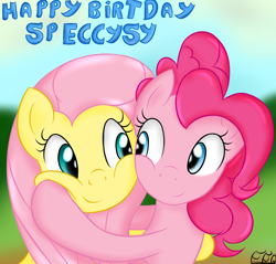 Size: 2000x1910 | Tagged: safe, artist:freefraq, derpibooru import, fluttershy, pinkie pie, earth pony, pegasus, pony, cute, duo, female, happy birthday, hug, looking at each other, looking at someone