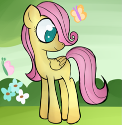 Size: 515x525 | Tagged: safe, artist:alandisc, derpibooru import, fluttershy, butterfly, pegasus, pony, female, flower, hair over one eye, teenager, younger