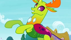 Size: 1280x720 | Tagged: safe, derpibooru import, screencap, thorax, changedling, changeling, season 7, triple threat, cute, grin, king thorax, male, raised hoof, raised leg, rearing, smiling, solo, thorabetes