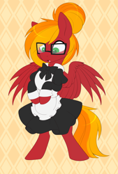 Size: 2019x2982 | Tagged: safe, artist:scarlet-spectrum, derpibooru import, oc, oc only, oc:moonatik, pegasus, pony, abstract background, apron, bowtie, clothes, commission, crossdressing, glasses, hair bun, maid, male, pegasus oc, solo, stallion, surprised, wings, ych result