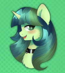 Size: 2315x2606 | Tagged: safe, artist:vaiola, derpibooru import, oc, oc only, oc:genebright sparkle, pony, unicorn, advertisement, auction, bdsm, big eyes, blushing, bust, collar, commission, cute, embarrassed, eyebrows, fetish, green background, happy, high res, horn, open mouth, pet play, portrait, sexy, simple background, smiling, solo, sticker, ych result, your character here
