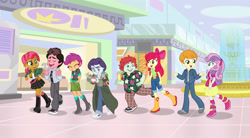 Size: 3600x1988 | Tagged: safe, artist:sapphiregamgee, derpibooru import, apple bloom, babs seed, scootaloo, sweetie belle, equestria girls, boots, chunk, clothes, crossover, cutie mark crusaders, data, goonies, hoodie, jeans, mall, mikey, mouth, pants, shoes, shorts, skirt, the goonies