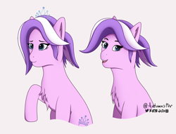 Size: 2234x1704 | Tagged: safe, artist:autumnsfur, artist:autumnsfurart, derpibooru import, diamond tiara, earth pony, pony, friendship is magic, g4, blue eyes, bust, chest fluff, crown, diamond, digital art, female, fluffy, jewelry, mare, older, older diamond tiara, ponytail, portrait, purple mane, regalia, short hair, simple background, solo, tiara, tied hair