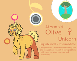 Size: 1000x800 | Tagged: safe, artist:saasart, derpibooru import, oc, oc only, oc:olive, pony, unicorn, blonde, blonde mane, brown coat, chubby, coat markings, cutie mark, female, freckles, gray eyes, hair tie, horn, mare, orange background, orange coat, reference sheet, simple background, text, tree, two toned coat, unicorn oc