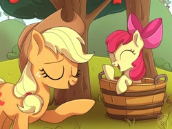 Size: 1024x768 | Tagged: safe, artist:golden bloom, derpibooru import, apple bloom, applejack, earth pony, pony, apple, apple tree, female, filly, foal, siblings, sisters, tree