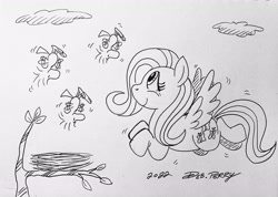 Size: 3533x2513 | Tagged: safe, artist:debmervin, derpibooru import, fluttershy, bird, pegasus, pony, bird nest, crossover, nest, peanuts (comic), traditional art, woodstock (peanuts)