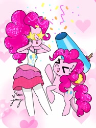 Size: 768x1024 | Tagged: artist needed, source needed, safe, derpibooru import, pinkie pie, earth pony, pony, equestria girls, ><, eyes closed, human ponidox, open mouth, open smile, party cannon, self paradox, self ponidox, smiling, starry eyes, wingding eyes