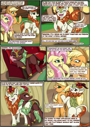 Size: 2893x4092 | Tagged: safe, artist:novaspark, derpibooru import, part of a set, applejack, autumn blaze, cinder glow, fluttershy, summer flare, earth pony, kirin, pegasus, pony, butt, comic, dialogue, ears, floppy ears, imminent vore