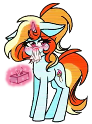 Size: 276x370 | Tagged: safe, derpibooru import, oc, oc only, oc:artie brush, pony, unicorn, blood, blushing, ears, female, floppy ears, looking at you, magic, mare, multicolored hair, nosebleed, paint, paintbrush, ponytail, rainbow hair, simple background, sparkles, tissue, tissue box, transparent background, youtube link