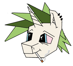 Size: 974x882 | Tagged: safe, artist:m37, derpibooru import, oc, oc only, oc:ein, pony, unicorn, bust, cigarette, male, piercing, portrait, simple background, solo, white background