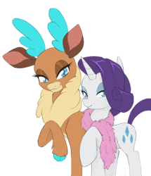 Size: 860x1000 | Tagged: safe, artist:dstears, derpibooru import, edit, rarity, velvet reindeer, deer, pony, reindeer, unicorn, them's fightin' herds, community related, crossover, duo, simple background, transparent background