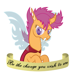 Size: 3001x3000 | Tagged: safe, artist:tolerance, scootaloo, changeling, changelingified, scootaling, simple background, solo, species swap, text, transparent background
