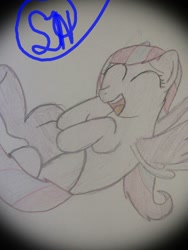 Size: 960x1280 | Tagged: safe, artist:mlpluckycharm, derpibooru import, oc, oc only, oc:gemheart, pegasus, pony, female, lying down, mare, on back, open mouth, pencil drawing, smiling, traditional art, wings