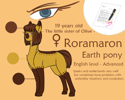 Size: 1000x800 | Tagged: safe, artist:saasart, derpibooru import, oc, oc only, oc:roramaron, earth pony, pony, blue eyes, brown coat, brown mane, coat markings, cutie mark, earth pony oc, female, freckles, mare, orange background, reference sheet, simple background, socks (coat marking), text, two toned coat, yellow coat