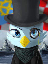 Size: 156x210 | Tagged: safe, derpibooru import, oc, oc only, griffon, equestria at war mod, annoyed, beak, blue eyes, boat, bust, clothes, female, flag, hat, monocle, monocle and top hat, necktie, portrait, ship, solo, suit, top hat