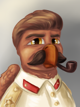 Size: 156x210 | Tagged: safe, derpibooru import, oc, oc only, griffon, equestria at war mod, clothes, facial hair, folded wings, gray background, griffon oc, griffonized, hair, josef stalin, moustache, orange eyes, pipe, simple background, solo, species swap, uniform, wings