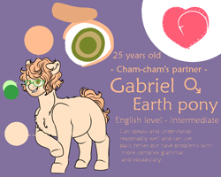 Size: 1000x800 | Tagged: safe, artist:saasart, derpibooru import, oc, oc only, oc:gabriel, earth pony, pony, chest fluff, chubby, cutie mark, earth pony oc, glasses, green eyes, male, orange mane, peach coat, purple background, reference sheet, simple background, stallion, stubble, text