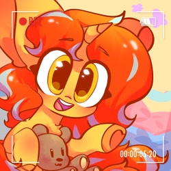 Size: 2048x2048 | Tagged: safe, artist:sunny berry, derpibooru import, oc, oc only, oc:cinderheart, bear, pony, unicorn, cute, female, looking at you, open mouth, open smile, pillow, plushie, smiling, smiling at you, solo, teddy bear