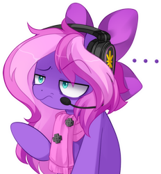 Size: 1000x1079 | Tagged: safe, artist:loyaldis, derpibooru import, oc, oc only, oc:lillybit, pony, adorkable, annoyed, bow, clothes, cute, dork, gaming headphones, gaming headset, headphones, headset, microphone, scarf, simple background, solo, transparent background