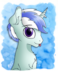Size: 960x1217 | Tagged: safe, artist:etheria galaxia, derpibooru import, oc, oc only, oc:scratch wub, pony, unicorn, :p, abstract background, bust, chest fluff, colored pupils, ear fluff, ears, eyebrows, horn, looking at you, male, portrait, signature, smiling, smiling at you, solo, stallion, tongue, tongue out, unicorn oc