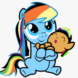 Size: 611x611 | Tagged: safe, artist:jeremythebronyfan276, derpibooru import, oc, oc only, oc:juliana dash, oc:kayla dash, pony, baby, baby pony, eyes closed, female, filly, foal, holding a pony, looking up, offspring, parent:oc:jeremy, parent:rainbow dash, parents:canon x oc, simple background, sitting, smiling, white background