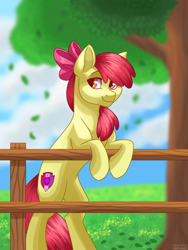 Size: 810x1080 | Tagged: safe, artist:noxvoca, artist:scribble, derpibooru import, apple bloom, earth pony, pony, female, fence, filly, foal, smiling, solo, tree