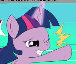 Size: 404x345 | Tagged: safe, artist:neko-me, derpibooru import, edit, editor:pagiepoppie12345, twilight sparkle, unicorn twilight, pony, unicorn, ace attorney, cropped, emanata, female, glowing, glowing horn, grin, horn, horngasm, magic, mare, objection, one eye closed, orgasm, pointing, smiling, wink