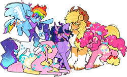 Size: 1834x1118 | Tagged: safe, artist:juicebun, derpibooru import, applejack, fluttershy, pinkie pie, rainbow dash, rarity, twilight sparkle, twilight sparkle (alicorn), alicorn, pony, blushing, glasses, mane six, redesign, simple background, transparent background