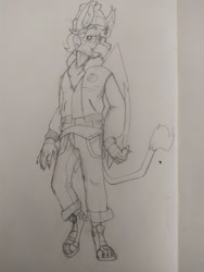 Size: 540x720 | Tagged: safe, artist:xasslash, derpibooru import, oc, oc:flynn the icecold, anthro, griffon, bandana, beanie, clothes, hat, male, paw sneakers, photo, sketch, solo, suspenders, traditional art