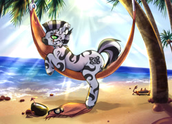 Size: 4000x2896 | Tagged: safe, artist:raranfa, derpibooru import, oc, oc:nyota, zebra, fallout equestria, fallout equestria: dead tree, beach, coconut cup, eye scar, female, hammock, looking at you, mare, ocean, palm tree, profile, rule 63, sand, scar, side view, solo, sultry pose, sunglasses, tree, water