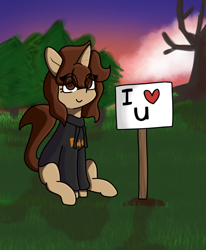 Size: 1400x1700 | Tagged: safe, artist:seylan, derpibooru import, oc, oc only, pony, unicorn, clothes, digital art, eye clipping through hair, hoodie, i <3 u, looking at you, outdoors, sign, sitting, smiling, smiling at you, solo, sunrise