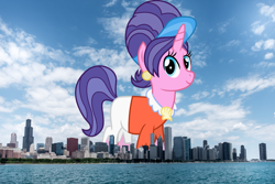 Size: 1920x1280 | Tagged: safe, artist:thegiantponyfan, artist:vector-brony, derpibooru import, cookie crumbles, pony, unicorn, chicago, clothes, ear piercing, female, giant pony, giant unicorn, giantess, highrise ponies, illinois, irl, jewelry, looking at you, macro, mare, mega giant, photo, piercing, ponies in real life, smiling, solo