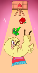 Size: 1566x3000 | Tagged: safe, artist:nonameorous, derpibooru import, paprika paca, alpaca, them's fightin' herds, apple, basket, broccoli, community related, food, pink background, purple eyes, simple background, tongue, tongue out, yellow background