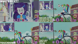 Size: 1280x720 | Tagged: safe, derpibooru import, edit, edited screencap, editor:quoterific, screencap, rainbow dash, rarity, equestria girls, equestria girls series, festival looks, spoiler:eqg series (season 2), canterlot high, crossed arms, duo, duo female, eyes closed, female, football, geode of shielding, geode of super speed, magical geodes, music festival outfit, open mouth, open smile, smiling, sports, text