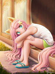 Size: 1800x2400 | Tagged: safe, artist:symbianl, derpibooru import, fluttershy, human, blushing, clothes, eared humanization, feet, hairpin, humanized, jewelry, looking at you, nail polish, ring, sandals, shorts, sitting, solo, tail, tailed humanization, tanktop, toenail polish