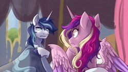 Size: 1376x774 | Tagged: safe, artist:obabscribbler, derpibooru import, princess cadance, shining armor, alicorn, pony, unicorn, canterlot wedding 10th anniversary, bed, bed hair, blanket, couple, spread wings, wings
