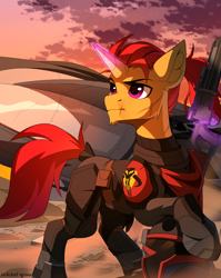 Size: 2100x2643 | Tagged: safe, artist:redchetgreen, derpibooru import, oc, oc only, pony, unicorn, clothes, cosplay, costume, crossover, disney, eye scar, gun, helmet, high res, horn, magic, male, scar, solo, spaceship, star wars, telekinesis, the mandalorian, unicorn oc, weapon