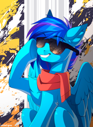 Size: 2000x2731 | Tagged: safe, artist:redchetgreen, derpibooru import, oc, oc only, pegasus, pony, clothes, high res, pegasus oc, scarf, sitting, smiling, solo, sunglasses