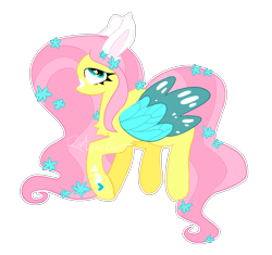 Size: 1320x1242 | Tagged: safe, artist:boxiee, artist:myponyartyes, derpibooru import, fluttershy, pegasus, pony, bunny ears, flower, flower in hair, redesign, simple background, solo, transparent background