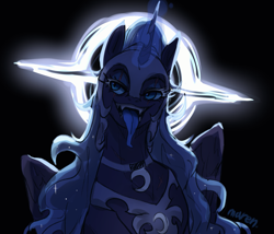 Size: 1943x1660 | Tagged: safe, artist:maren, derpibooru import, nightmare moon, alicorn, pony, alternate universe, black background, crown, fangs, glowing, glowing horn, horn, jewelry, regalia, simple background, tongue, tongue out