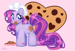 Size: 4096x2824 | Tagged: safe, artist:bunxl, derpibooru import, earth pony, pony, anime style, baker, blue eyes, chef's hat, chocolate chip cookies, chocolate chipper, chubby, cookie, crumbs, eating, eyelashes, female, food, food on face, hat, multicolored mane, pink background, pink mane, plate, purple coat, purple mane, short, simple background, solo